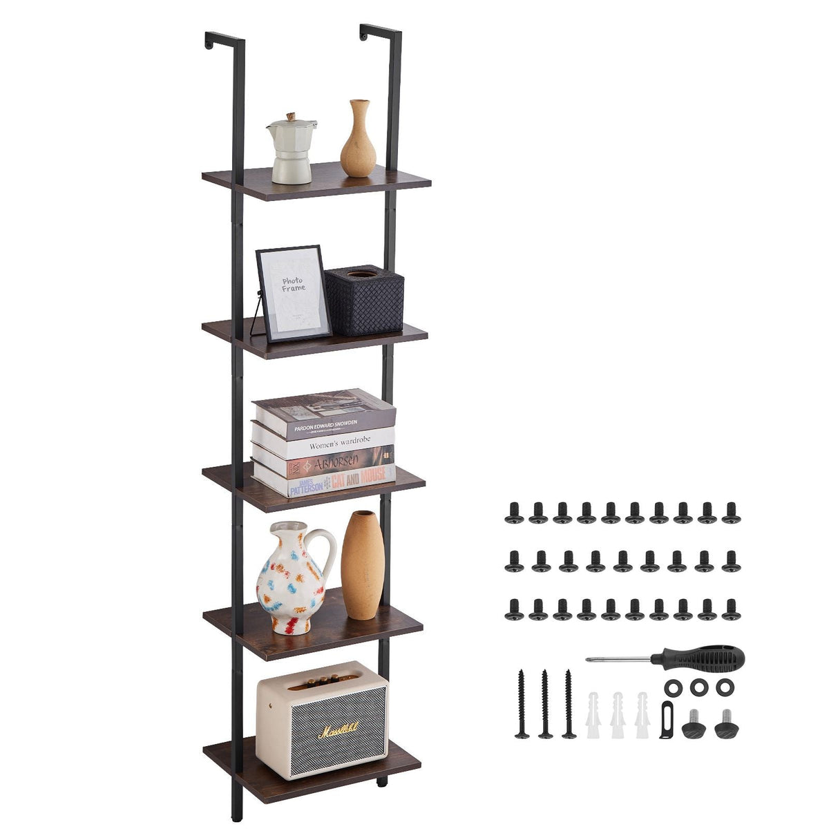 Ladder Shelf, 5-Tier Bookshelf 15.6x11.8in, Open Wall-Mounted Ladder Shelf with Metal Frame,Storage Rack Sundries Holder for Kitchen Bedroom Bathroom Living Room, Black