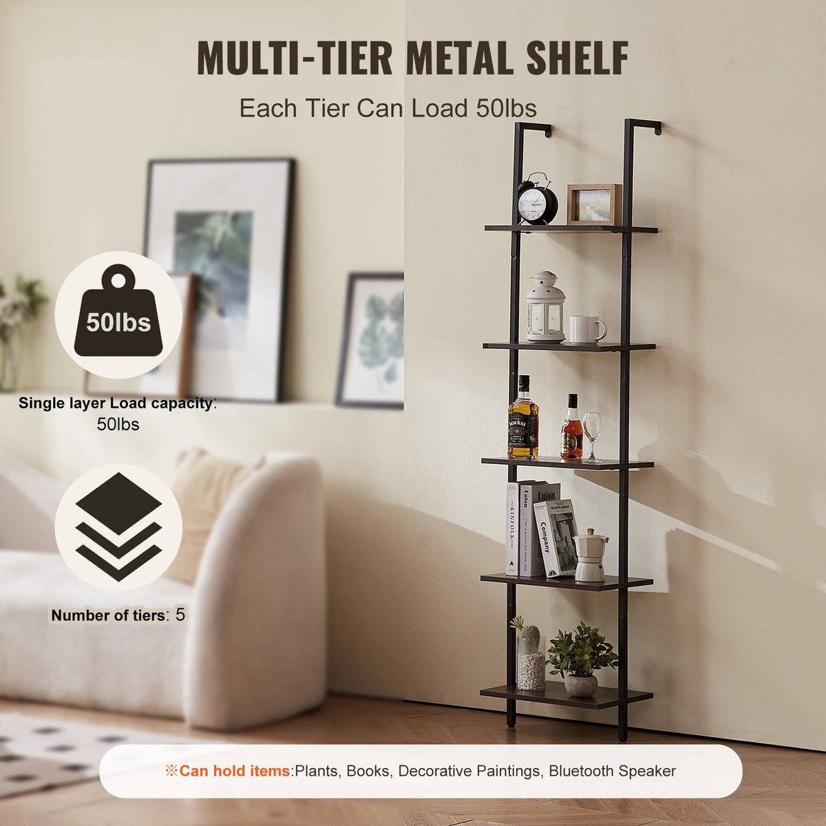 Ladder Shelf, 5-Tier Bookshelf 15.6x11.8in, Open Wall-Mounted Ladder Shelf with Metal Frame,Storage Rack Sundries Holder for Kitchen Bedroom Bathroom Living Room, Black