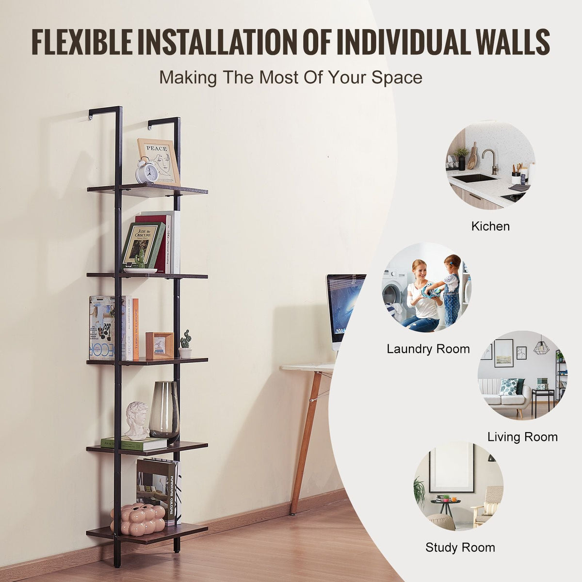 Ladder Shelf, 5-Tier Bookshelf 15.6x11.8in, Open Wall-Mounted Ladder Shelf with Metal Frame,Storage Rack Sundries Holder for Kitchen Bedroom Bathroom Living Room, Black