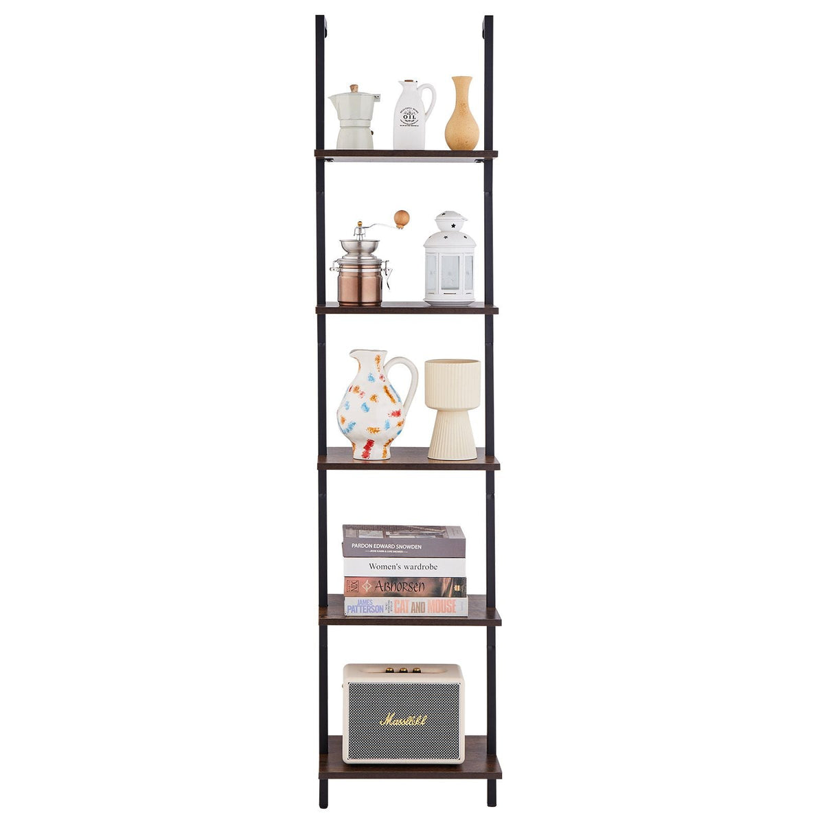 Ladder Shelf, 5-Tier Bookshelf 15.6x11.8in, Open Wall-Mounted Ladder Shelf with Metal Frame,Storage Rack Sundries Holder for Kitchen Bedroom Bathroom Living Room, Black