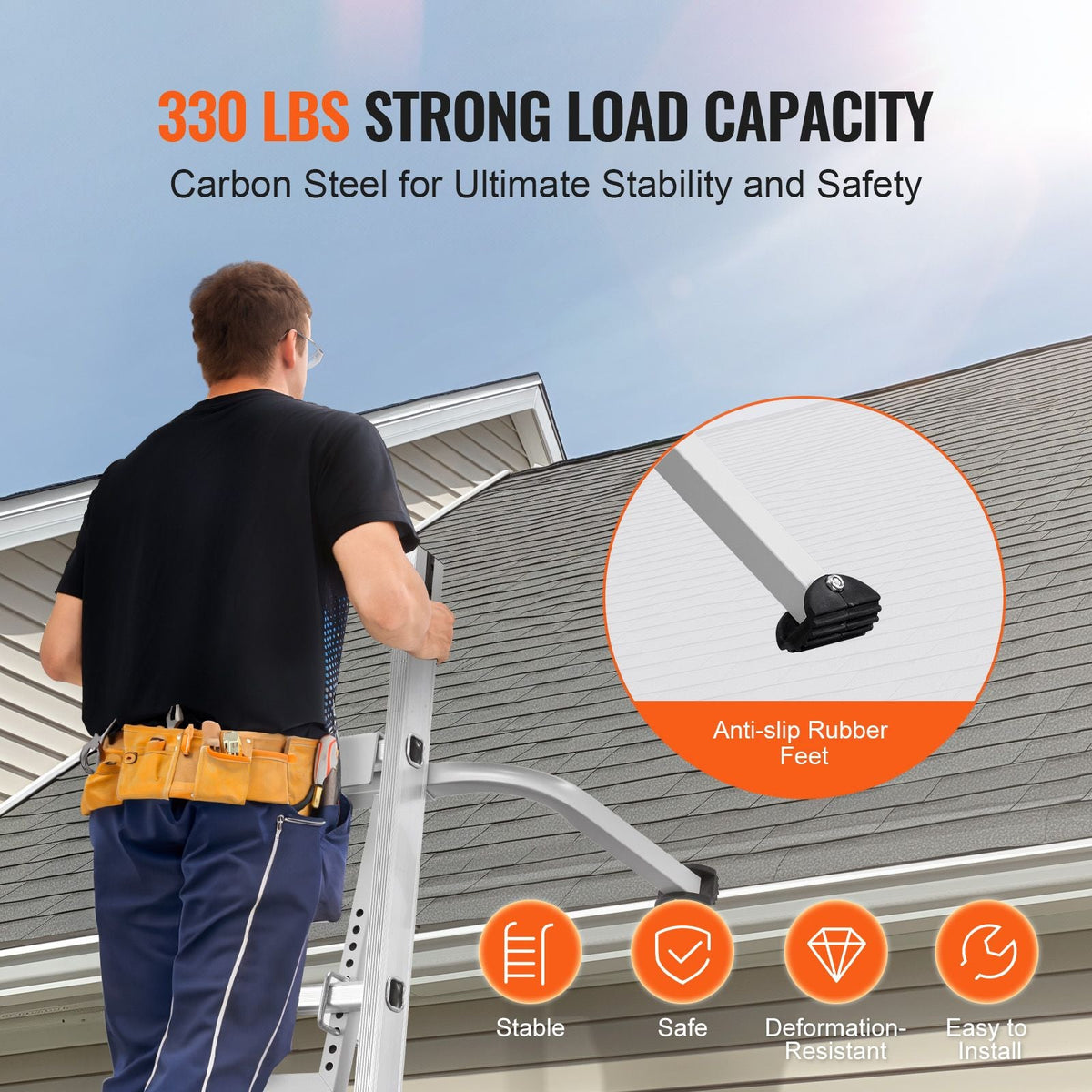 Ladder Stabilizer, Heavy Duty Steel Ladder Roof Hook, Ladder Stabilizer with Wing Span/Wall Extension Accessory, Stable Ladder Standoff Arms for Roof Gutter with Anti-Slip Rubber Feet