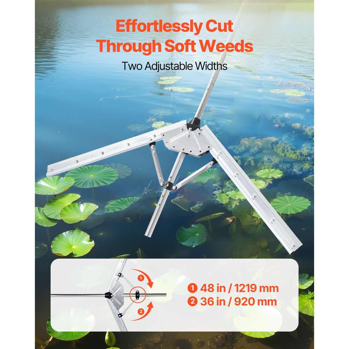 Lake Weed Cutter, Pond Aquatic Plant Cutting Tool with 48 in Max. Cut Width, Sharp and Heavy-Duty Steel Blades, Pond Rake with 30 ft Throw Rope, for Cattail, Phragmites, Lilly Pads & Chara