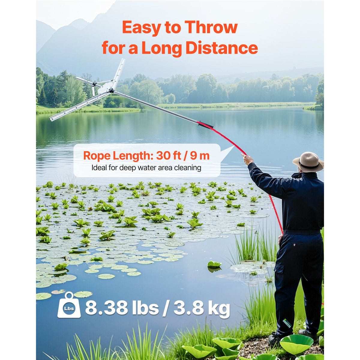 Lake Weed Cutter, Pond Aquatic Plant Cutting Tool with 48 in Max. Cut Width, Sharp and Heavy-Duty Steel Blades, Pond Rake with 30 ft Throw Rope, for Cattail, Phragmites, Lilly Pads & Chara