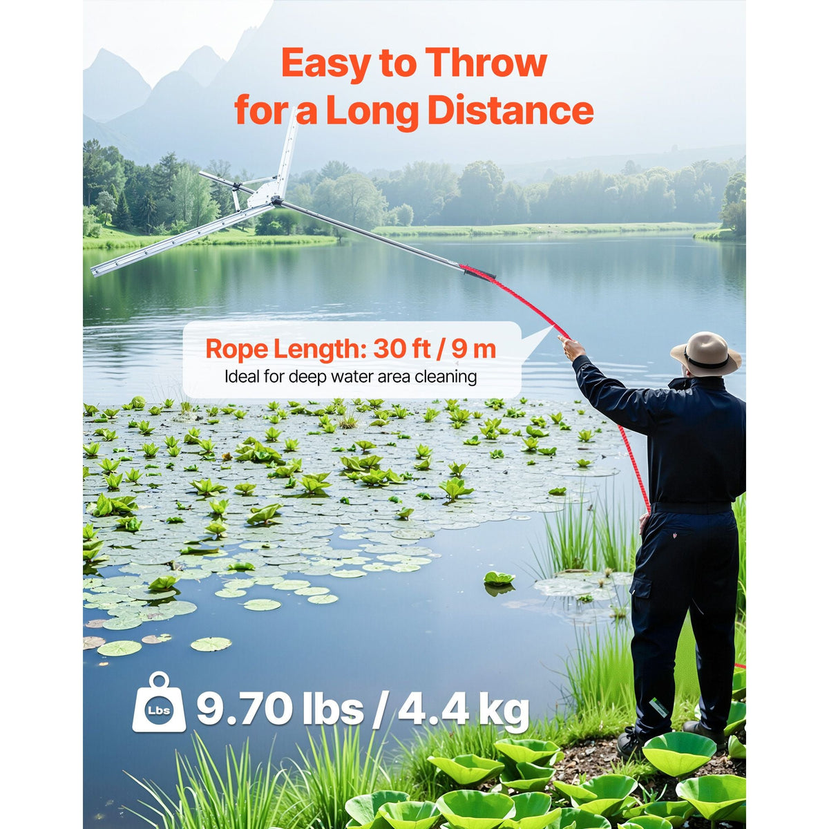 Lake Weed Cutter, Pond Aquatic Plant Cutting Tool with 62 in Max. Cut Width, Sharp and Heavy-Duty Steel Blades, Pond Rake with 30 ft Throw Rope, for Cattail, Phragmites, Lilly Pads & Chara