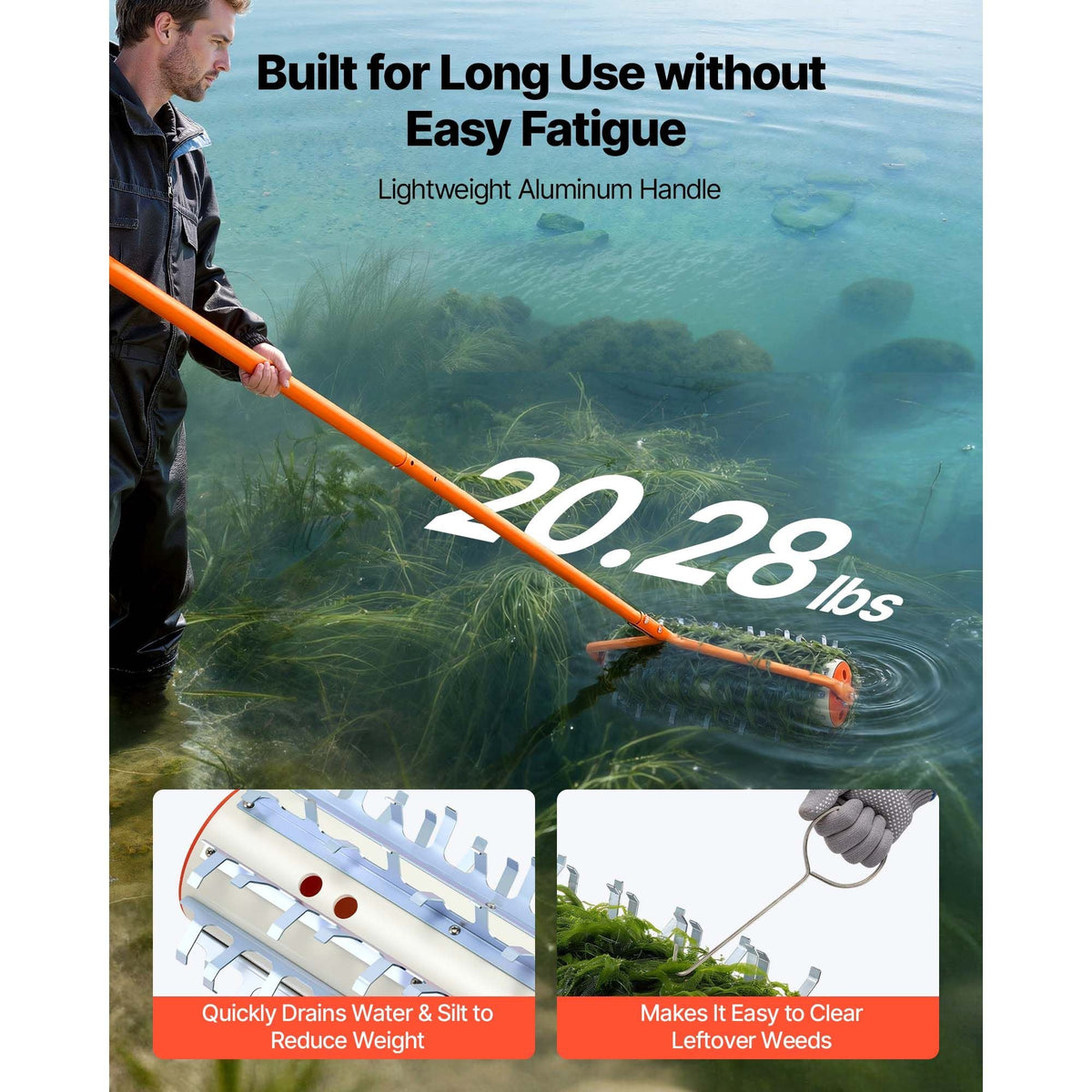 Lake Weed Roller, 12 ft Lake & Pond Weed Removal Tool, Muck Razer Aquatic & Sludge Tiller, Rid Roots and Muck Buildup, 9 Preassembled Galvanized Iron Blades, 3 Aluminum Handles, Easy Assembly