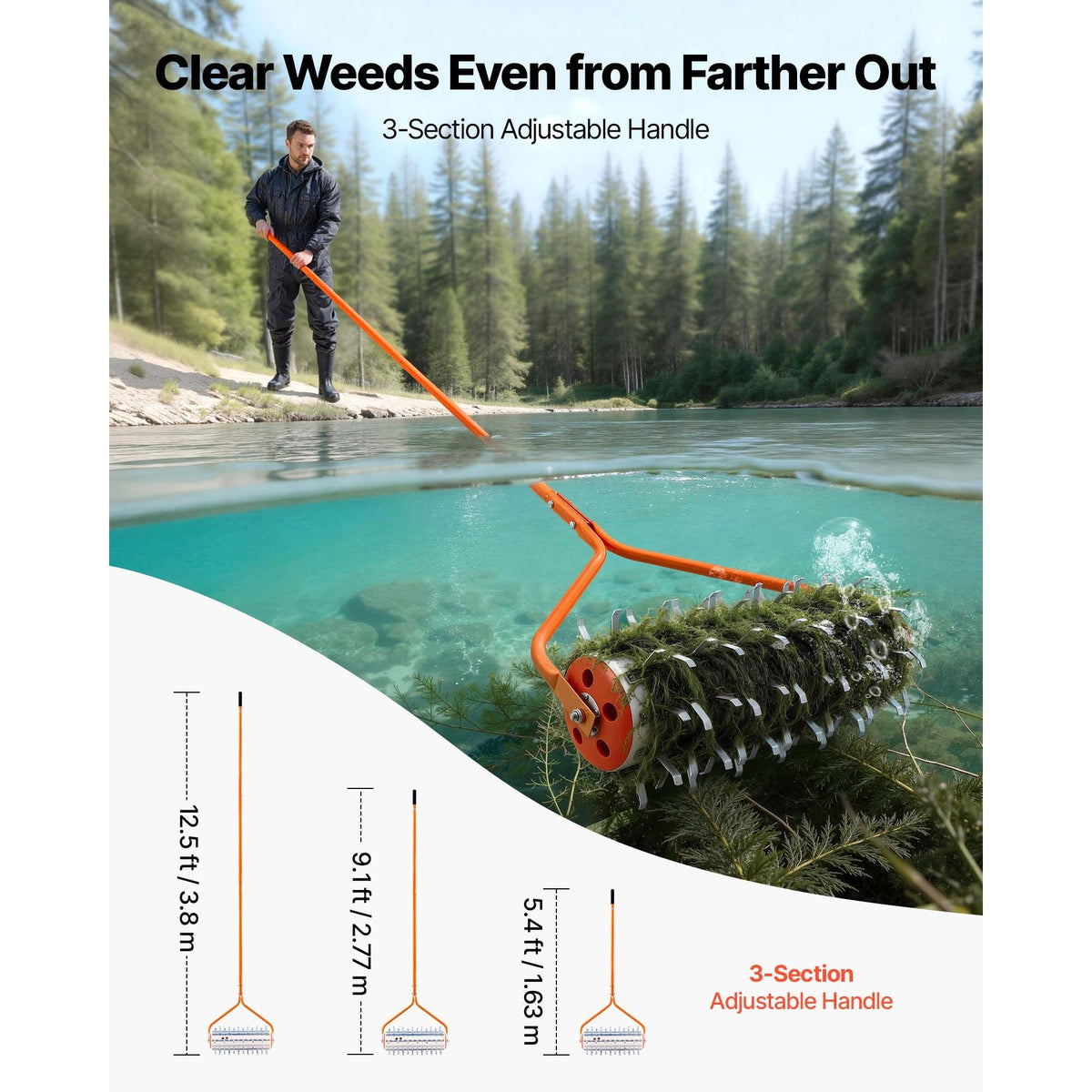 Lake Weed Roller, 12 ft Lake & Pond Weed Removal Tool, Muck Razer Aquatic & Sludge Tiller, Rid Roots and Muck Buildup, 9 Preassembled Galvanized Iron Blades, 3 Aluminum Handles, Easy Assembly