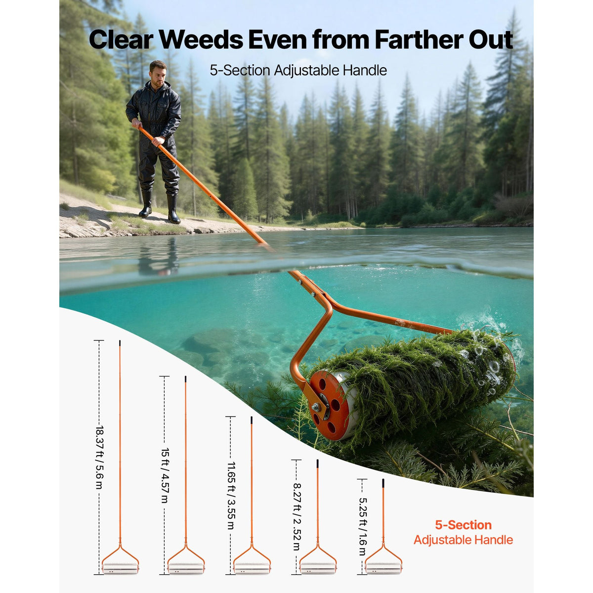 Lake Weed Roller, 18 ft Lake & Pond Weed Removal Tool, Muck Razer Aquatic & Sludge Tiller, Rid Roots and Muck Buildup, 6 Preassembled Stainless Steel Blades, 5 Aluminum Handles, Easy Assembly