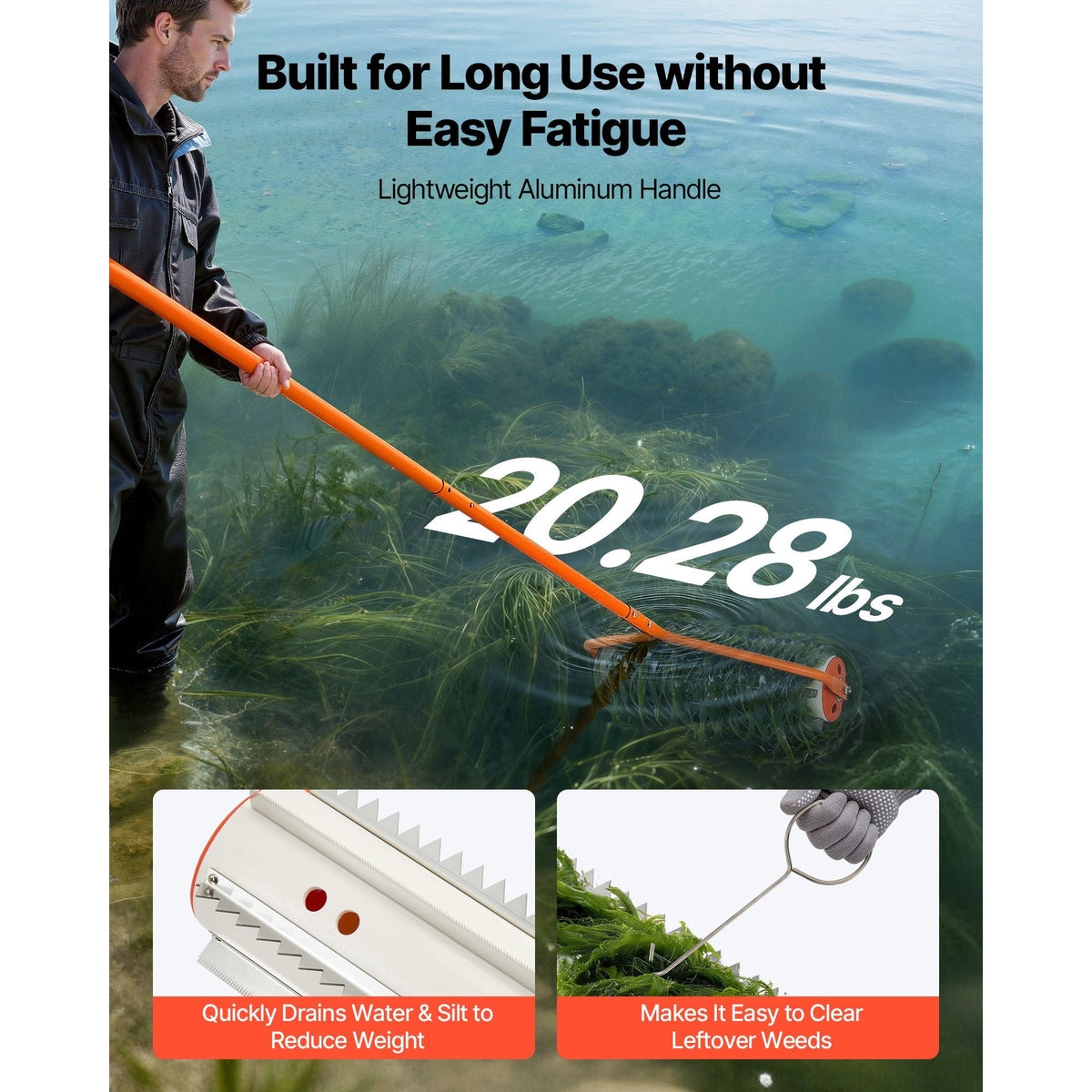 Lake Weed Roller, 18 ft Lake & Pond Weed Removal Tool, Muck Razer Aquatic & Sludge Tiller, Rid Roots and Muck Buildup, 6 Preassembled Stainless Steel Blades, 5 Aluminum Handles, Easy Assembly