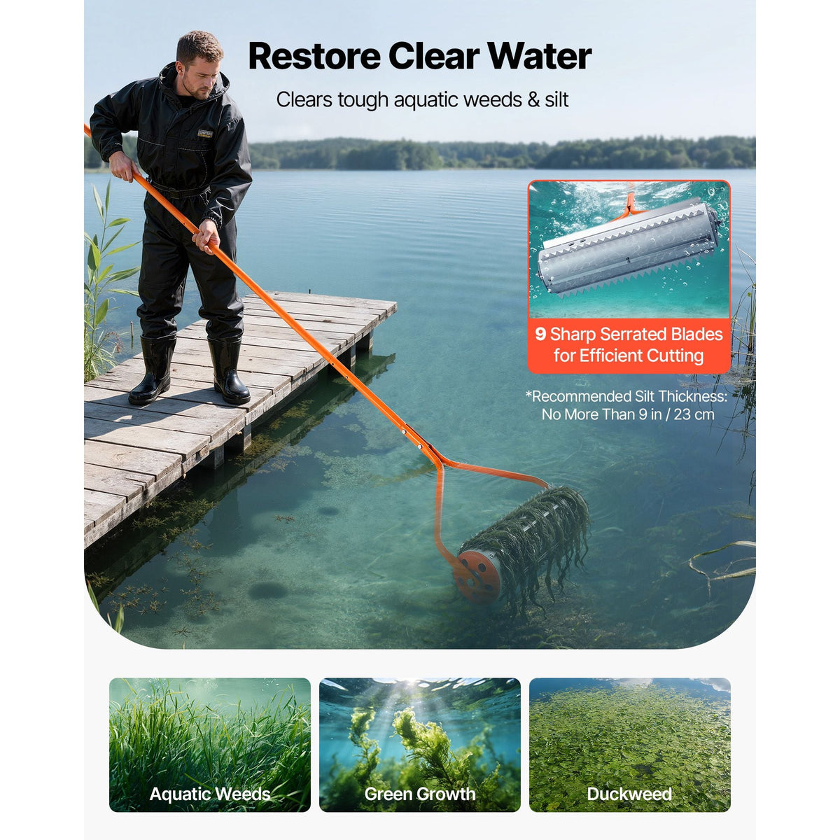 Lake Weed Roller, 18 ft Lake & Pond Weed Removal Tool, Muck Razer Aquatic & Sludge Tiller, Rid Roots and Muck Buildup, 6 Preassembled Stainless Steel Blades, 5 Aluminum Handles, Easy Assembly