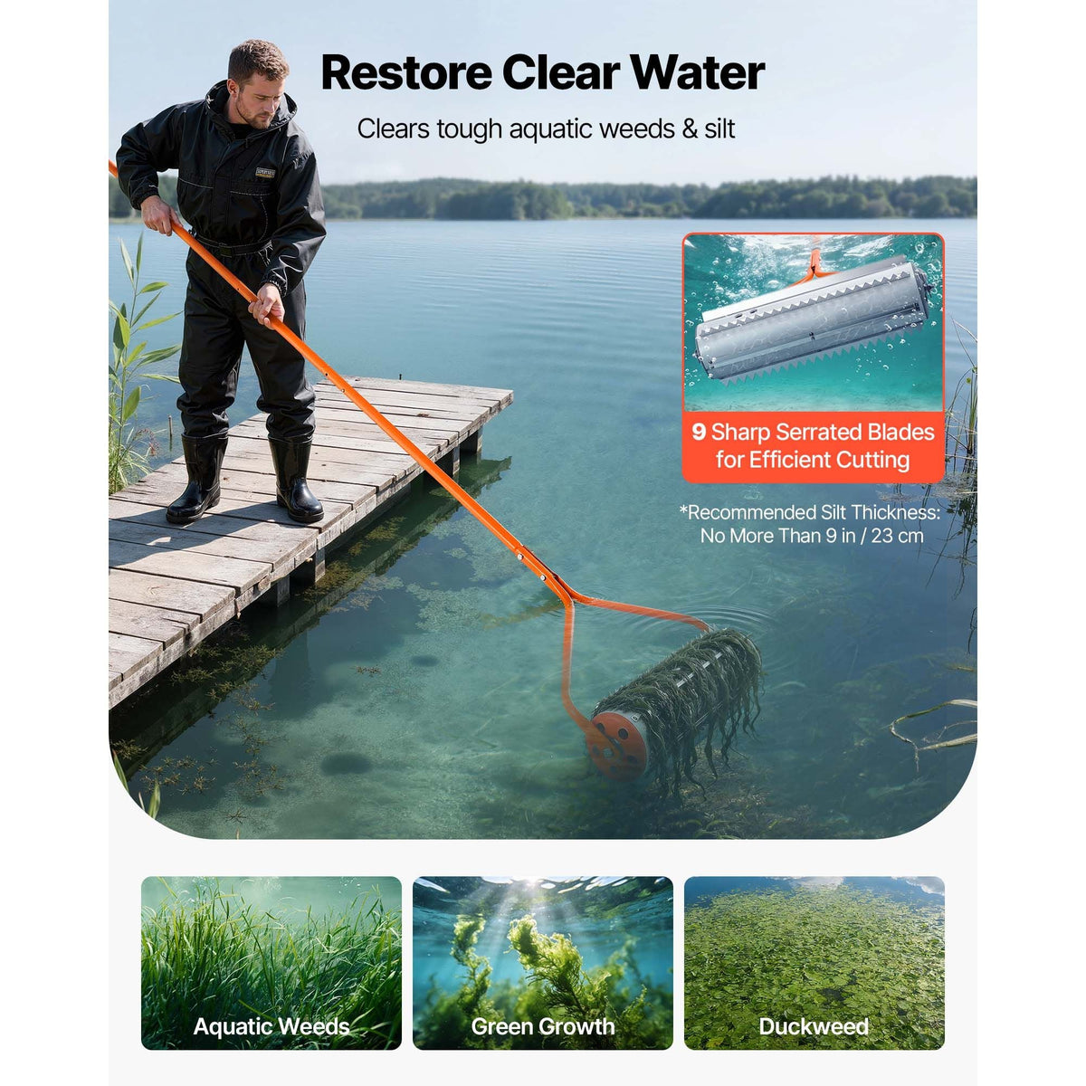 Lake Weed Roller, 20 ft Lake & Pond Weed Removal Tool, Muck Razer Aquatic & Sludge Tiller, Rid Roots and Muck Buildup, 6 Preassembled Stainless Steel Blades, 6 Aluminum Handles, Easy Assembly