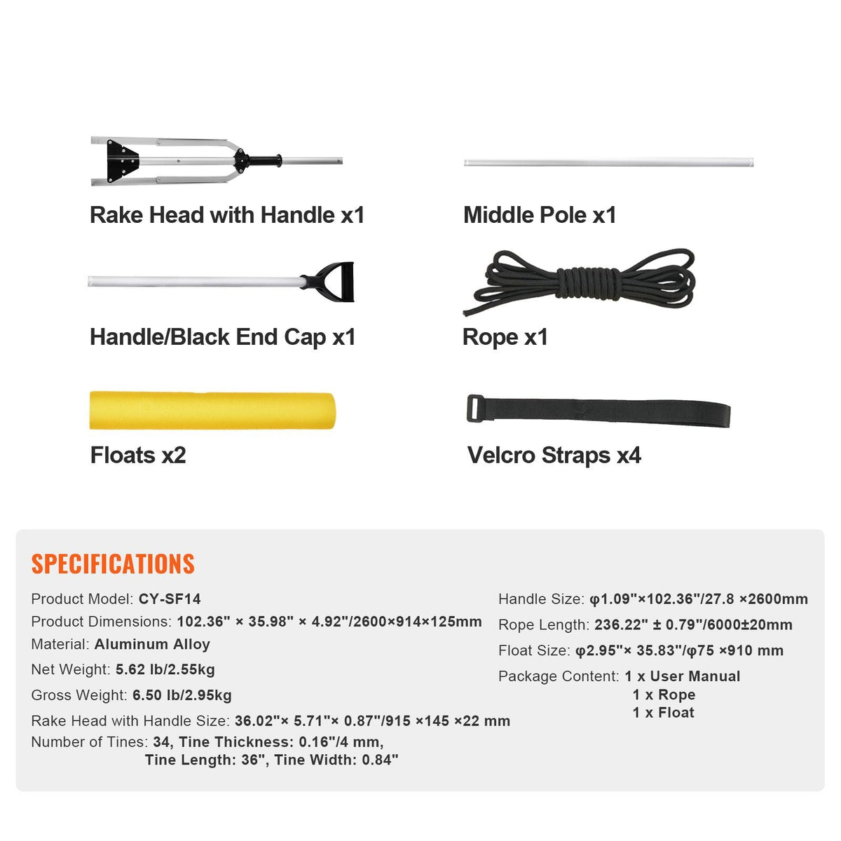 Landscape Rake, 36" Head Aluminum Landscape Rake, Lake Weed Rake with 102.36" Adjustable Extension Handle, Rope and Float, for Loosening Soil, Lawn Care, Weeding Lake, Garden, Pond