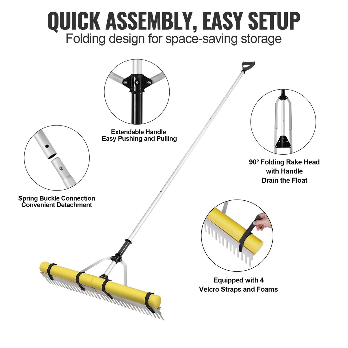 Landscape Rake, 36" Head Aluminum Landscape Rake, Lake Weed Rake with 102.36" Adjustable Extension Handle, Rope and Float, for Loosening Soil, Lawn Care, Weeding Lake, Garden, Pond