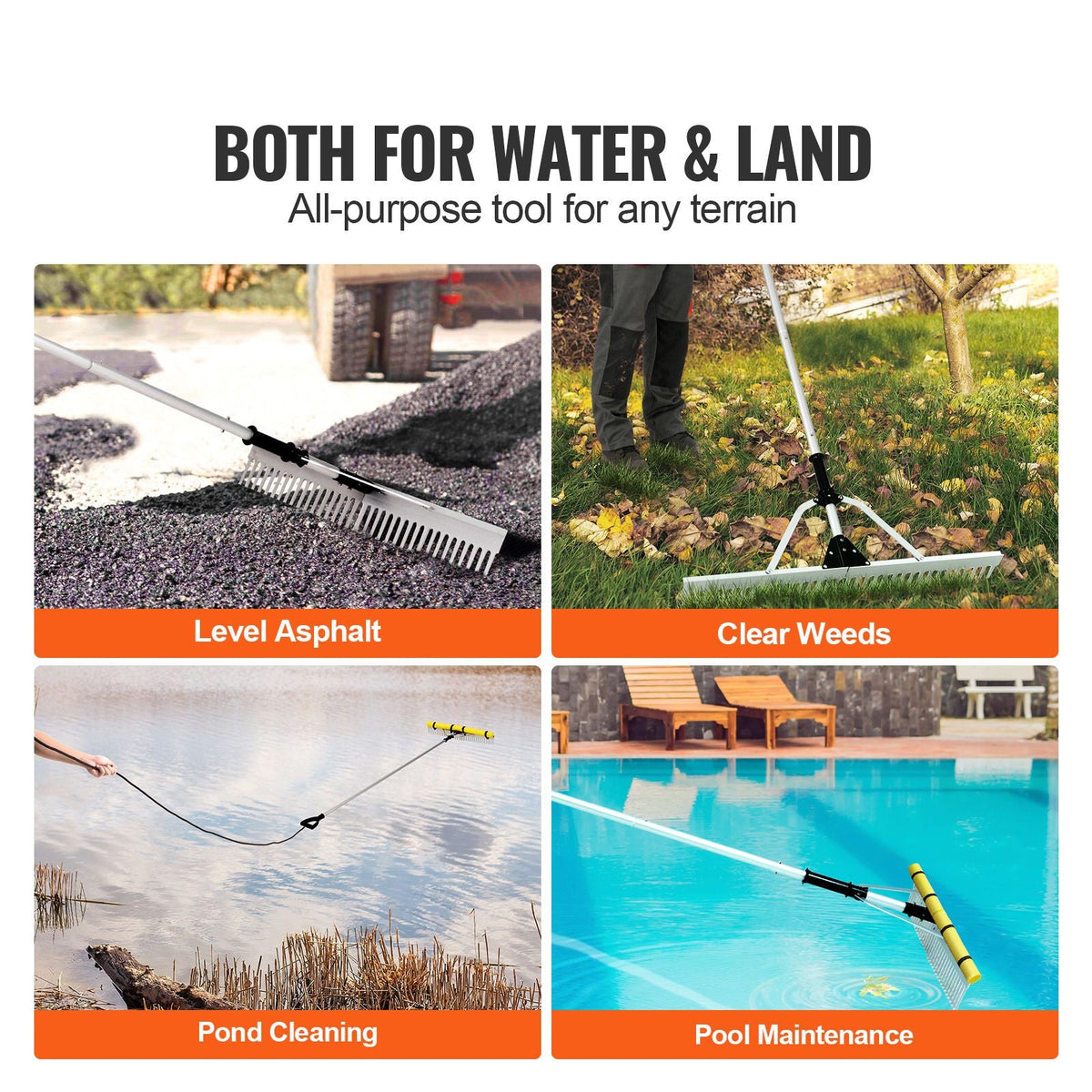 Landscape Rake, 36" Head Aluminum Landscape Rake, Lake Weed Rake with 102.36" Adjustable Extension Handle, Rope and Float, for Loosening Soil, Lawn Care, Weeding Lake, Garden, Pond