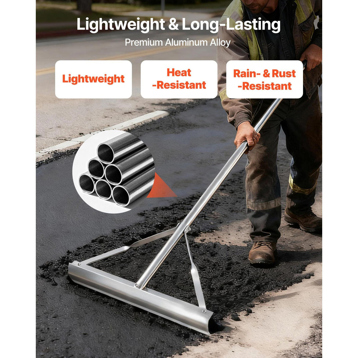 Landscape Rake, 60 inch Handle 20 inch Wide Head, Large Heavy Duty Aluminum Landscaping Level, Asphalt Rake Tool for Asphalt & Land Leveling, Concrete Paving, Sand Flattening, No Teeth