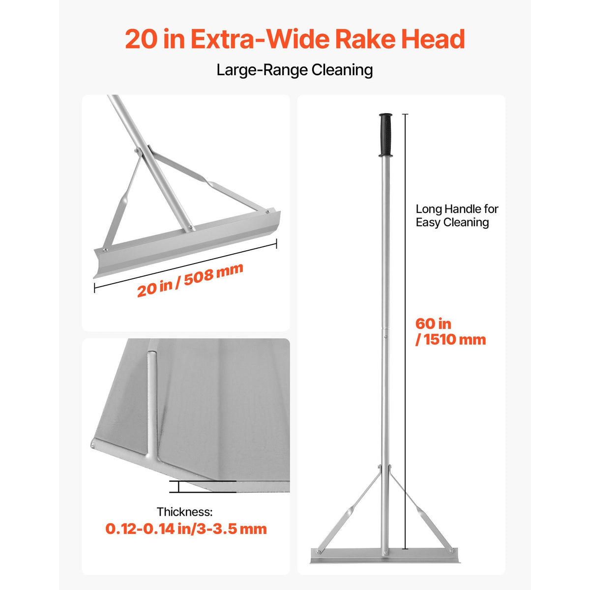 Landscape Rake, 60 inch Handle 20 inch Wide Head, Large Heavy Duty Aluminum Landscaping Level, Asphalt Rake Tool for Asphalt & Land Leveling, Concrete Paving, Sand Flattening, No Teeth