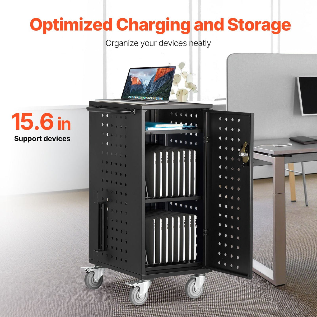 Laptop Cart, 20 Device Mobile Charging Cart, Up to 15.6 in Screen Size, Office and Classroom Mobile Charging Cart, for Chromebook, Tablet and Laptop