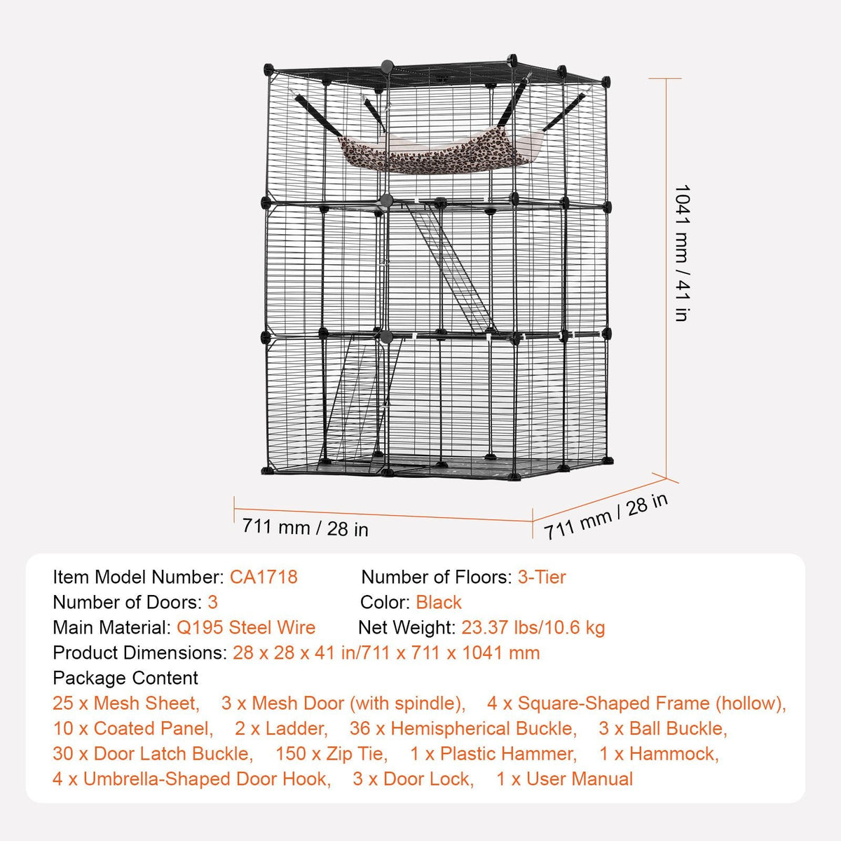 Large 3-tier Cat Cage, 28 x 28 x 41", DIY Detachable Metal Wire Durable Cat Enclosure, with Large Hammock 2 Ramp Ladders, Fit for Cats Exercise Indoor & Outdoor, Ease of Assembly, Black