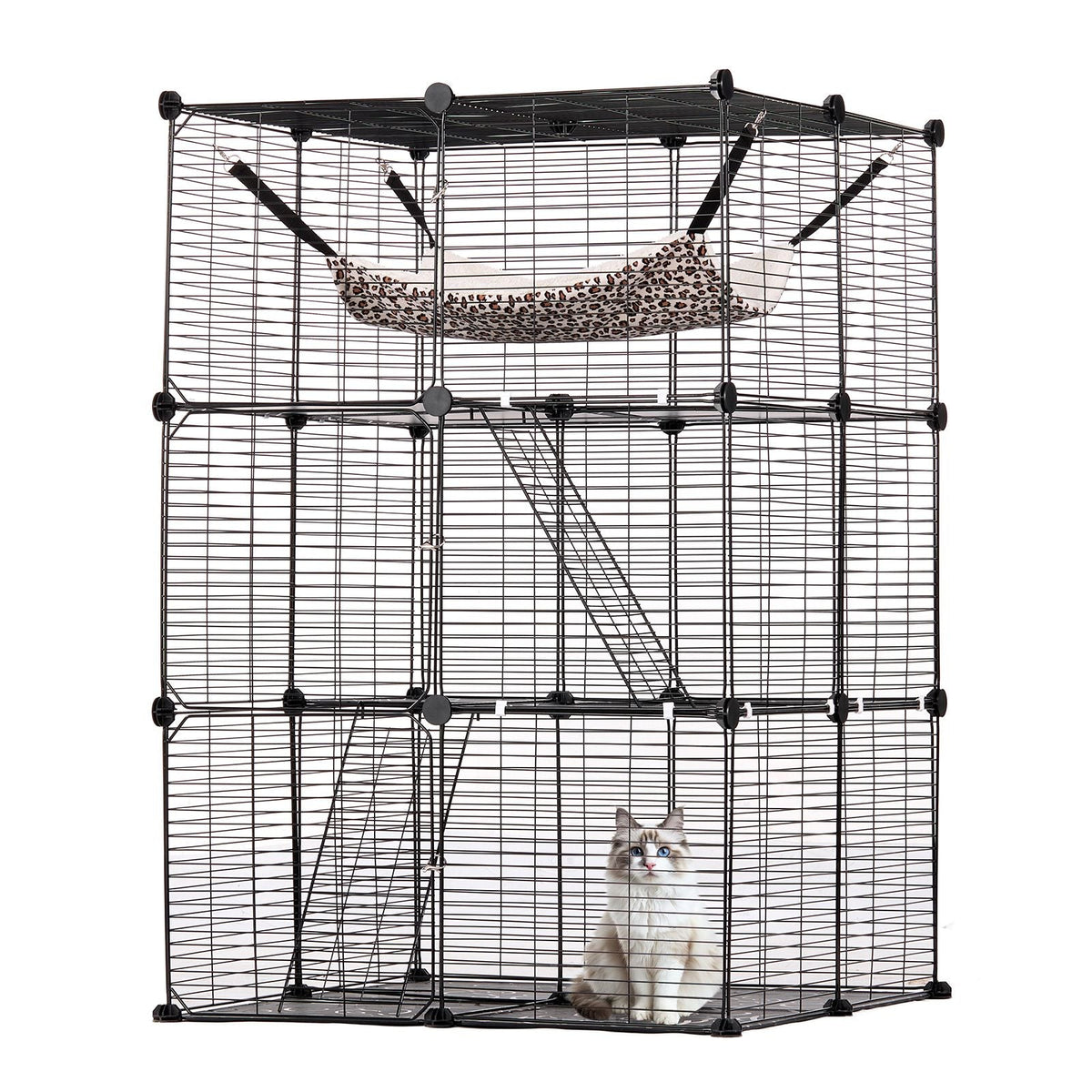 Large 3-tier Cat Cage, 28 x 28 x 41", DIY Detachable Metal Wire Durable Cat Enclosure, with Large Hammock 2 Ramp Ladders, Fit for Cats Exercise Indoor & Outdoor, Ease of Assembly, Black