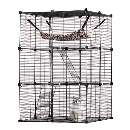 Large 3-tier Cat Cage, 28 x 28 x 41", DIY Detachable Metal Wire Durable Cat Enclosure, with Large Hammock 2 Ramp Ladders, Fit for Cats Exercise Indoor & Outdoor, Ease of Assembly, Black