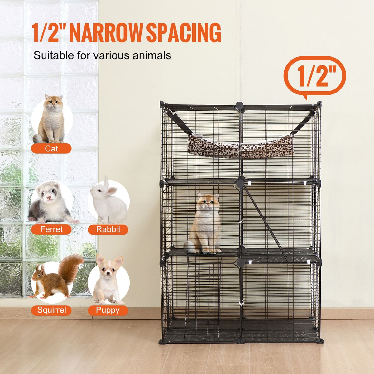 Large 3-tier Cat Cage, 28 x 28 x 41", DIY Detachable Metal Wire Durable Cat Enclosure, with Large Hammock 2 Ramp Ladders, Fit for Cats Exercise Indoor & Outdoor, Ease of Assembly, Black