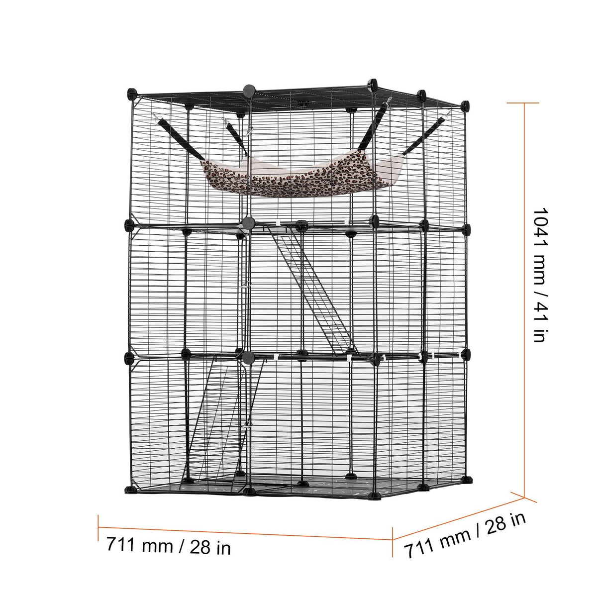 Large 3-tier Cat Cage, 28 x 28 x 41", DIY Detachable Metal Wire Durable Cat Enclosure, with Large Hammock 2 Ramp Ladders, Fit for Cats Exercise Indoor & Outdoor, Ease of Assembly, Black