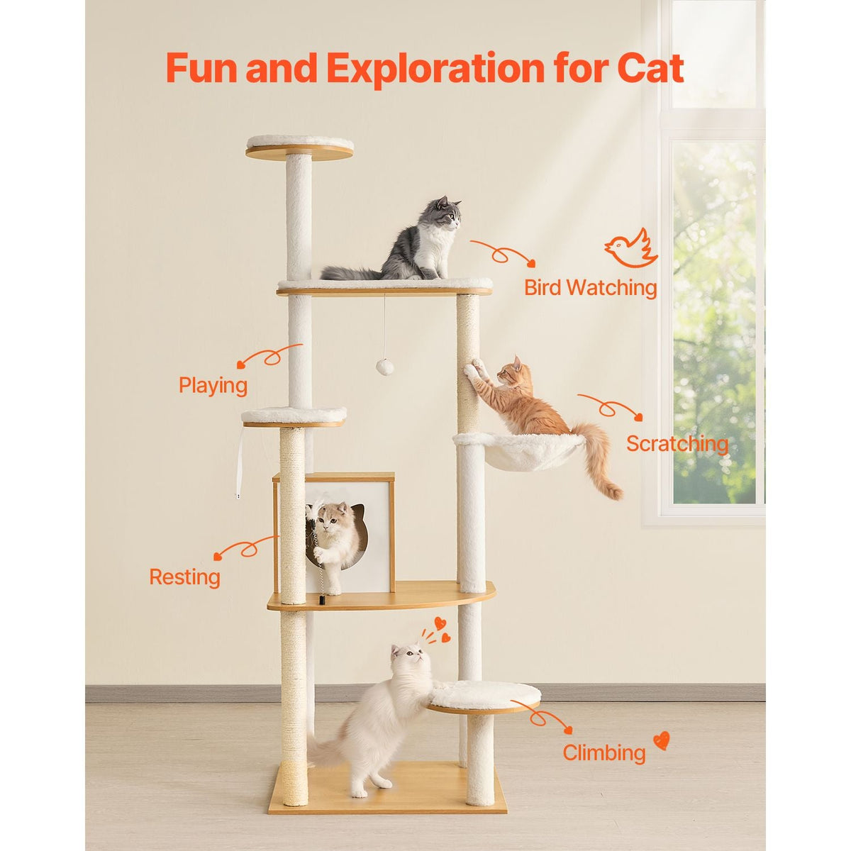 Large Cat Tree, 68.9 inches Tall, Cat Tower, Multi-level Cat Condo Furniture Activity Center with Cozy Perches, Sisal Scratching Posts, Hammock, Big Kittens House for Indoor Cats Play & Rest