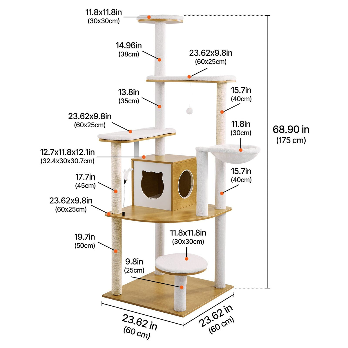 Large Cat Tree, 68.9 inches Tall, Cat Tower, Multi-level Cat Condo Furniture Activity Center with Cozy Perches, Sisal Scratching Posts, Hammock, Big Kittens House for Indoor Cats Play & Rest