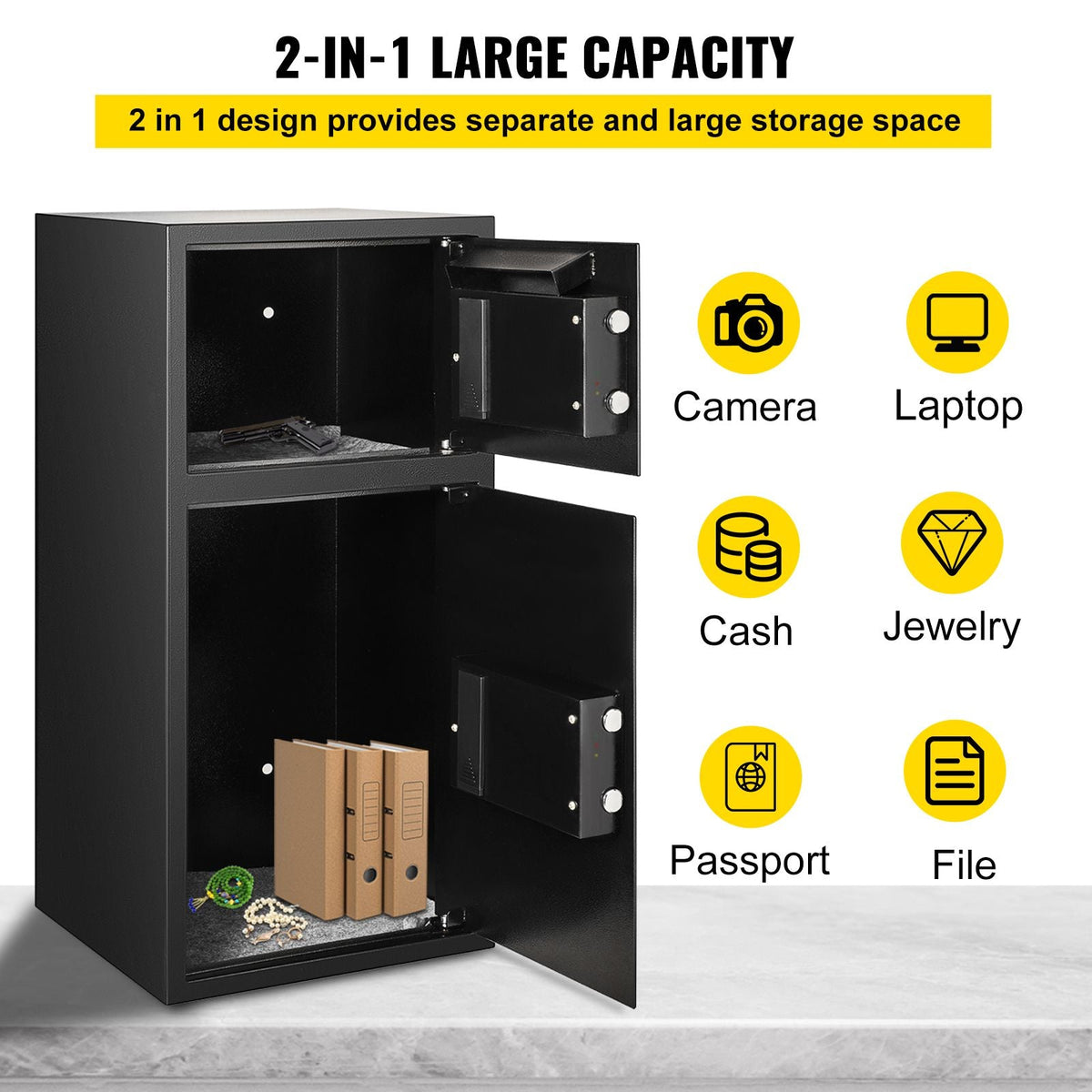 Large Double Door Security Safe Box 2.6 Cubic Feet Steel Safe Box Strong Box with Digital Lock for Money Gun Jewelry Black