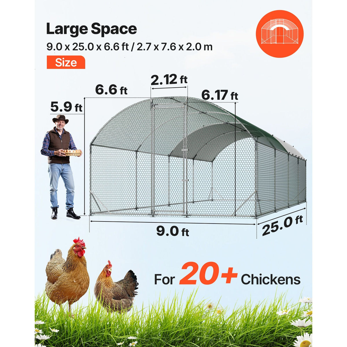 Large Metal Chicken Coop, 9 x 25 x 6.6 ft, Walk-in Chicken Run House with Waterproof Cover & Sturdy Frame, Dome Roof Poultry Cage Duck Pen for Rabbit Hen Goose Duck Outdoor Backyard Farm Use