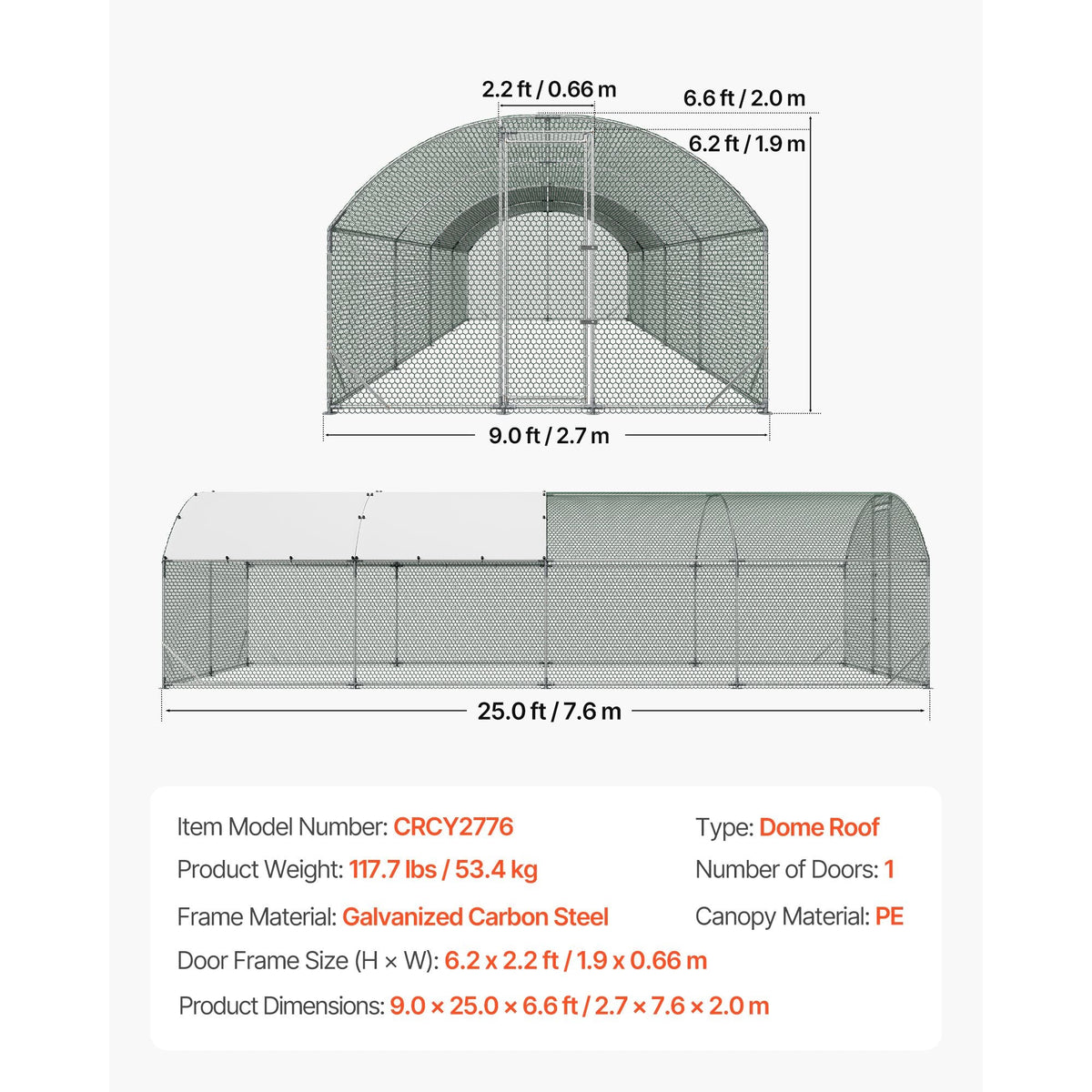 Large Metal Chicken Coop, 9 x 25 x 6.6 ft, Walk-in Chicken Run House with Waterproof Cover & Sturdy Frame, Dome Roof Poultry Cage Duck Pen for Rabbit Hen Goose Outdoor Backyard Farm Use