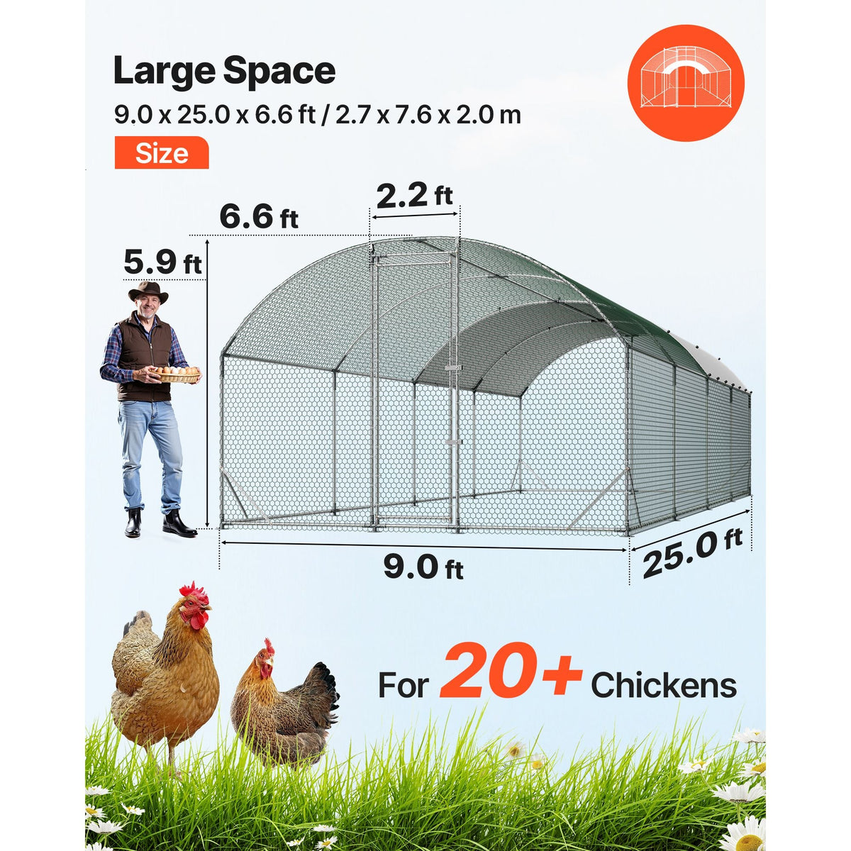 Large Metal Chicken Coop, 9 x 25 x 6.6 ft, Walk-in Chicken Run House with Waterproof Cover & Sturdy Frame, Dome Roof Poultry Cage Duck Pen for Rabbit Hen Goose Outdoor Backyard Farm Use