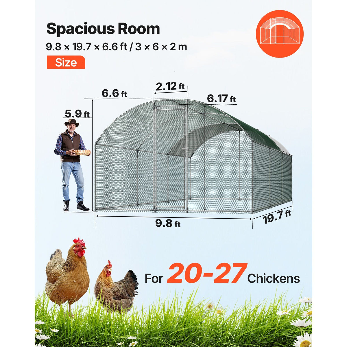 Large Metal Chicken Coop, 9.8 x 19.7 x 6.6 ft, Walk-in Chicken Runs with Waterproof Cover, Dome Roof Hen House Enclosure with Lock, Outdoor Duck Rabbit Cage Poultry Pen for Backyard, Farm, Yard