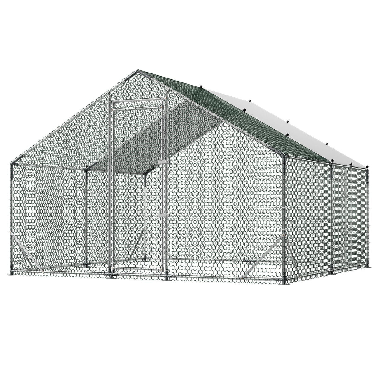 Large Metal Chicken Coop, 9.8 x 9.8 x 6.6 ft, Walk-in Chicken Run House with Waterproof Cover & Sturdy Frame, Spire Roof Poultry Cage Duck Pen for Rabbit Hen Goose Outdoor Backyard Farm Use
