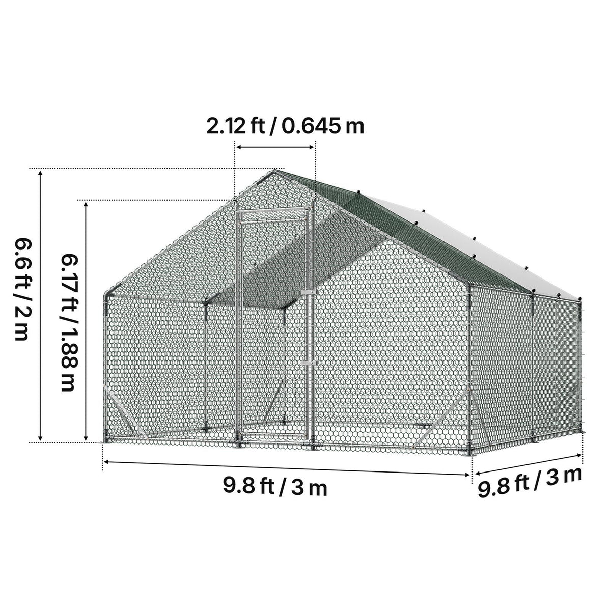 Large Metal Chicken Coop, 9.8 x 9.8 x 6.6 ft, Walk-in Chicken Run House with Waterproof Cover & Sturdy Frame, Spire Roof Poultry Cage Duck Pen for Rabbit Hen Goose Outdoor Backyard Farm Use