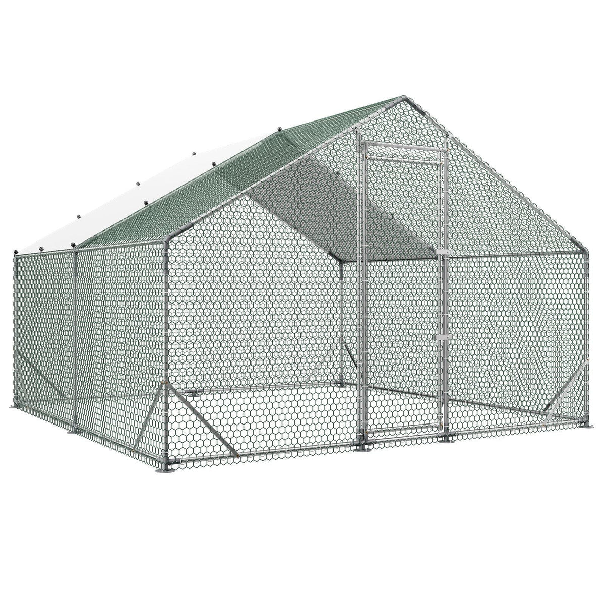 Large Metal Chicken Coop, 9.8 x 9.8 x 6.6 ft, Walk-in Chicken Run House with Waterproof Cover & Sturdy Frame, Spire Roof Poultry Cage Duck Pen for Rabbit Hen Goose Outdoor Backyard Farm Use