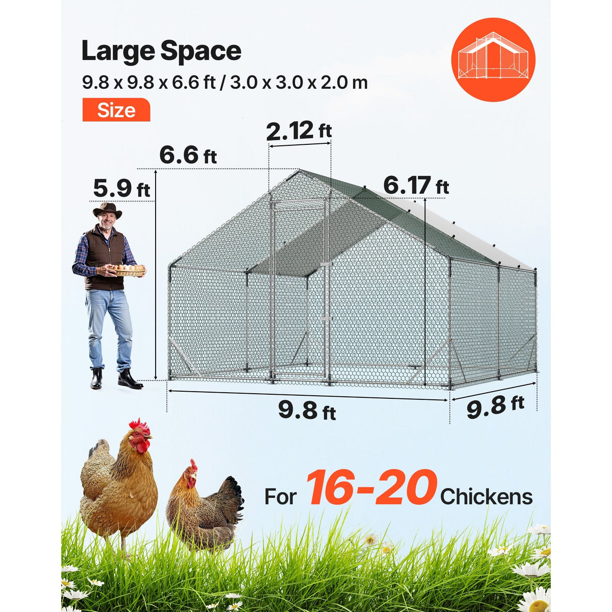 Large Metal Chicken Coop, 9.8 x 9.8 x 6.6 ft, Walk-in Chicken Run House with Waterproof Cover & Sturdy Frame, Spire Roof Poultry Cage Duck Pen for Rabbit Hen Goose Outdoor Backyard Farm Use