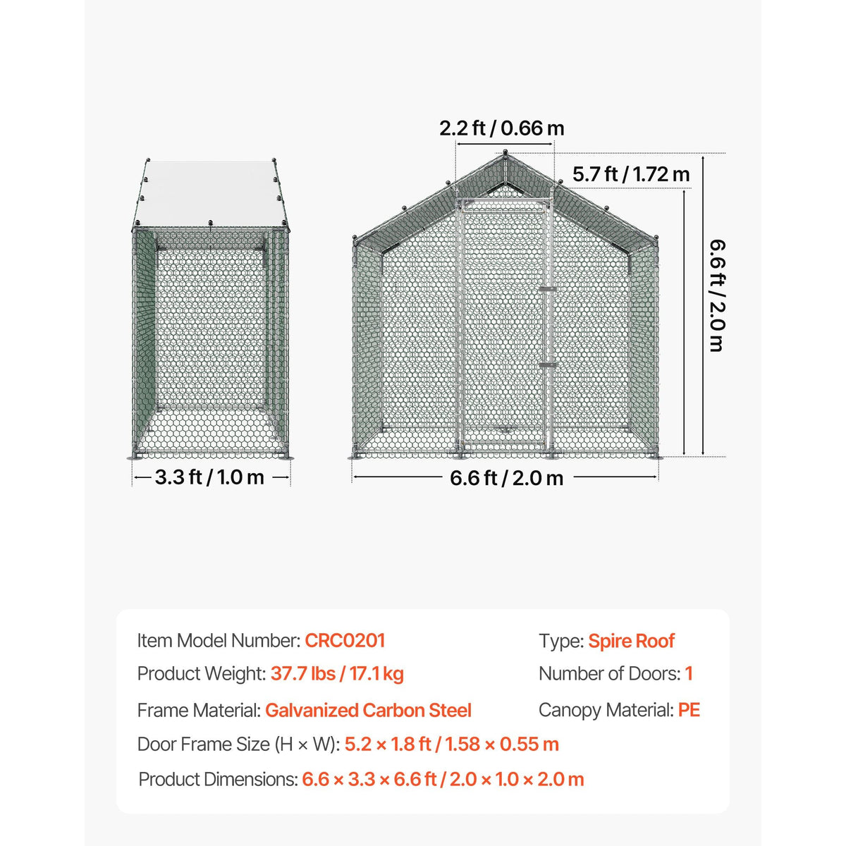Large Metal Chicken Coop,6.6 x 3.3 x 6.6 ft, Walk-in Chicken Run House with Waterproof Cover & Sturdy Frame, Spire Roof Poultry Cage Duck Pen for Rabbit Hen Goose Outdoor Backyard Farm Use