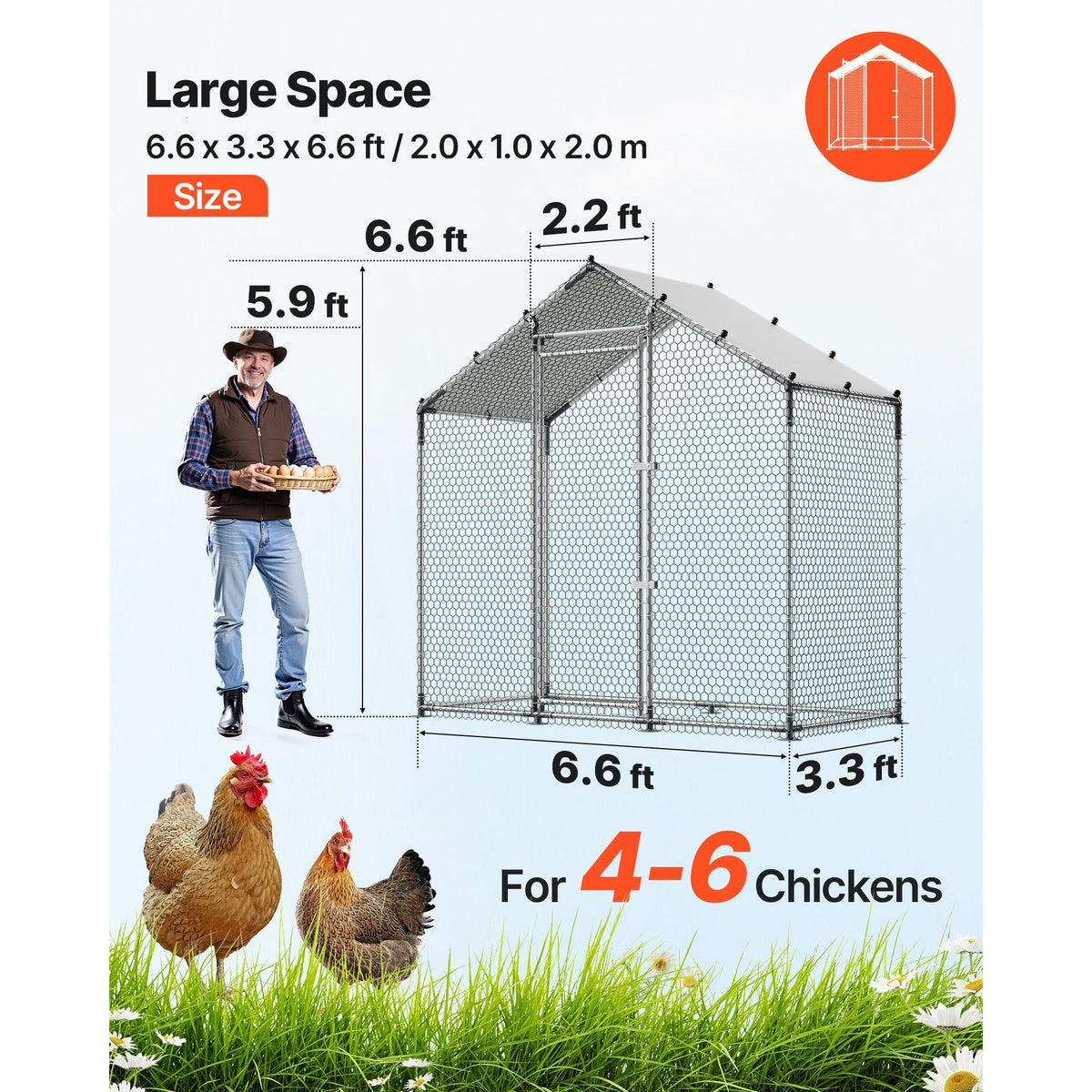 Large Metal Chicken Coop,6.6 x 3.3 x 6.6 ft, Walk-in Chicken Run House with Waterproof Cover & Sturdy Frame, Spire Roof Poultry Cage Duck Pen for Rabbit Hen Goose Outdoor Backyard Farm Use