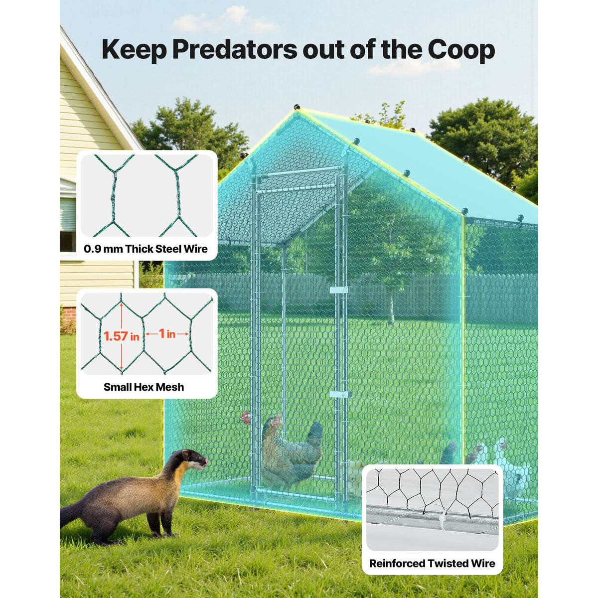 Large Metal Chicken Coop,6.6 x 3.3 x 6.6 ft, Walk-in Chicken Run House with Waterproof Cover & Sturdy Frame, Spire Roof Poultry Cage Duck Pen for Rabbit Hen Goose Outdoor Backyard Farm Use