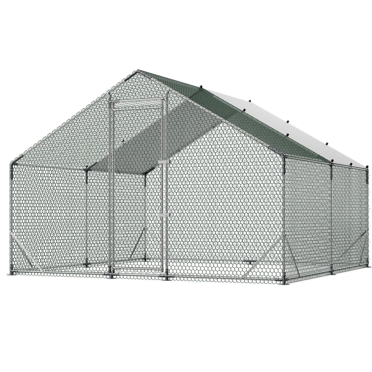 Large Metal Chicken Coop,9.8 x 9.8 x 6.6 ft, Walk-in Chicken Run House with Waterproof Cover & Sturdy Frame, Spire Roof Poultry Cage Duck Pen for Rabbit Hen Goose Outdoor Backyard Farm Use
