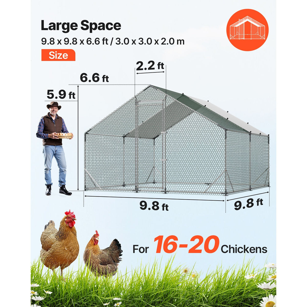 Large Metal Chicken Coop,9.8 x 9.8 x 6.6 ft, Walk-in Chicken Run House with Waterproof Cover & Sturdy Frame, Spire Roof Poultry Cage Duck Pen for Rabbit Hen Goose Outdoor Backyard Farm Use