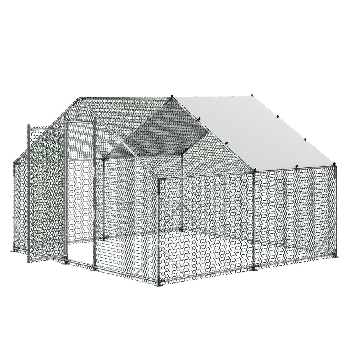 Large Metal Chicken Coop,9.8 x 9.8 x 6.6 ft, Walk-in Chicken Run House with Waterproof Cover & Sturdy Frame, Spire Roof Poultry Cage Duck Pen for Rabbit Hen Goose Outdoor Backyard Farm Use