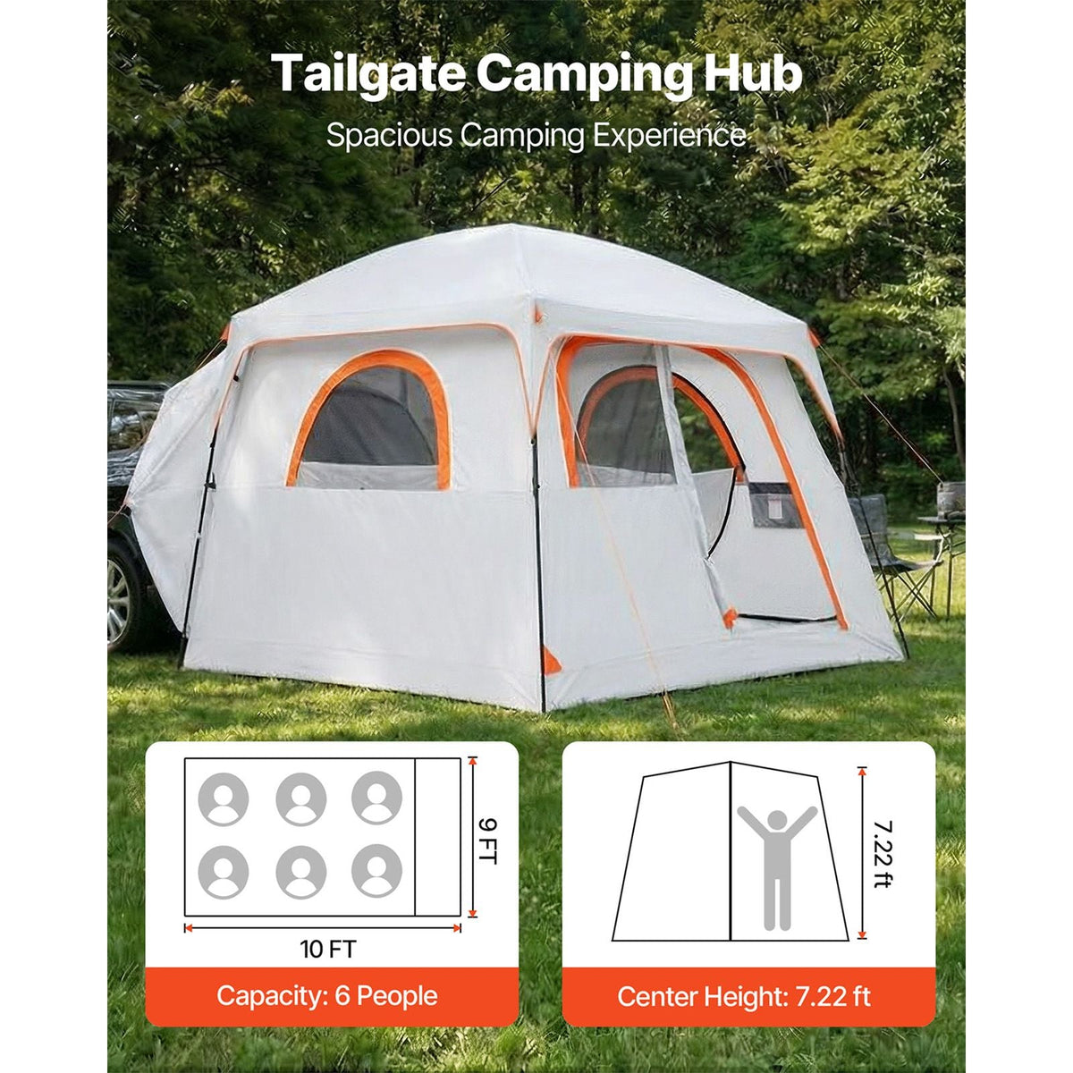 Large SUV Tent for 6 Person, 10 x 9 FT 3-Season SUV Tailgate Tent with Ventilated Doors & Mesh Windows, PU2000mm Waterproof Dual-Use Car Rear Hatch Tents for Outdoor Camping Hiking
