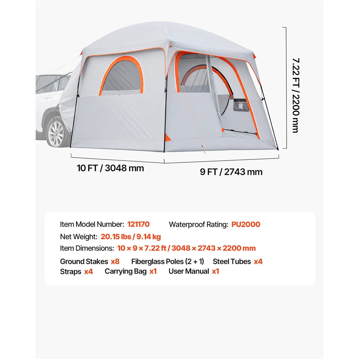 Large SUV Tent for 6 Person, 10 x 9 FT 3-Season SUV Tailgate Tent with Ventilated Doors & Mesh Windows, PU2000mm Waterproof Dual-Use Car Rear Hatch Tents for Outdoor Camping Hiking