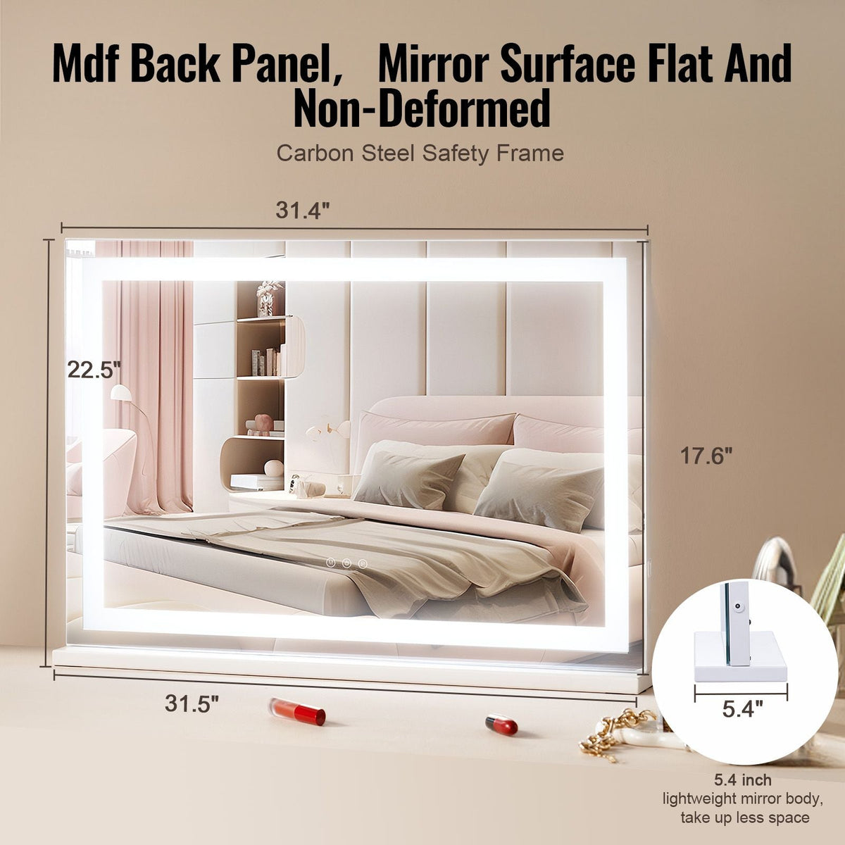 Large Vanity Mirror with Lights, Three Color Lighting Modes, Lighted Makeup LED Mirror,5X Magnification,USB Port,Smart Touch Control,Desktop Wall-Mounted (31.5x21.7 in, White)