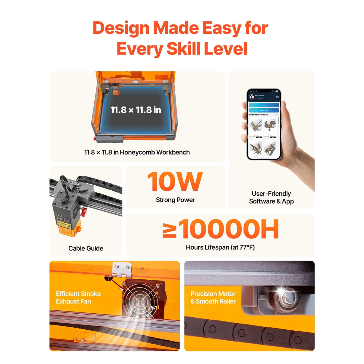 Laser Engraver, 10W, Laser Engraving and Cutting Machine with Enclosure, Laser Cutter Engraver Machine, 11.8 x 11.8 in Working Area, 7000 mm/min, for Wood, Leather, Glass, Certain Metal, Class 1