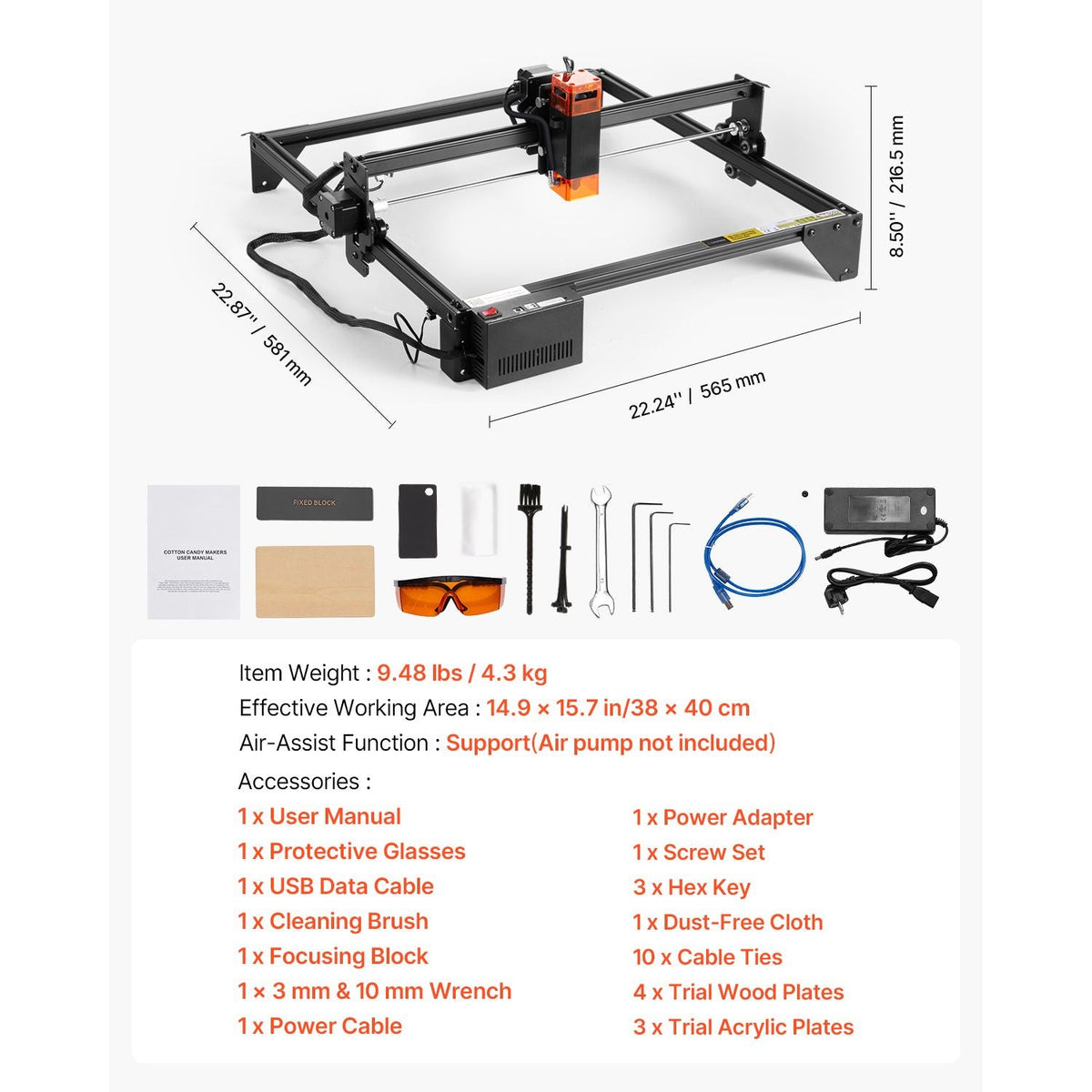 Laser Engraver, 10W Output, Laser Engraving Cutter Machine, 14.9 x 15.7 in/38 x 40 cm Working Area, 10000 mm/min Movement Speed, Compressed Spot with Eye Protection, for Wood, Certain Metal