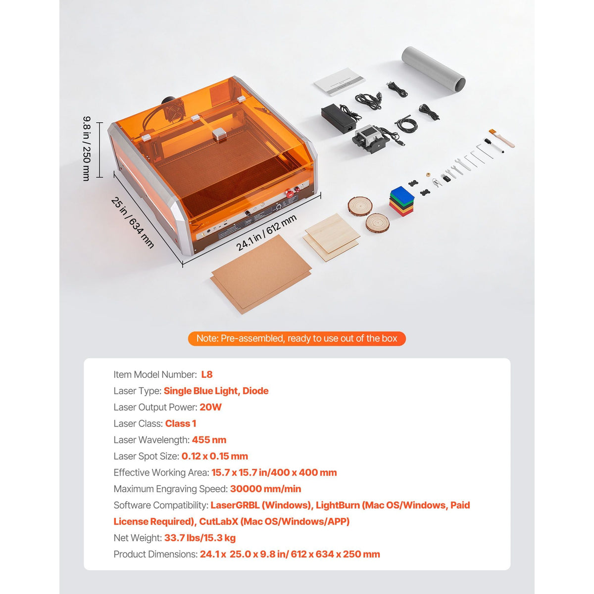 Laser Engraver, 20W, Laser Engraving and Cutting Machine with Enclosure Camera, Laser Cutter, 15.7 x 15.7 in Working Area, 30000 mm/min, for Wood, Leather, Glass, Paper, Certain Metal, Class 1