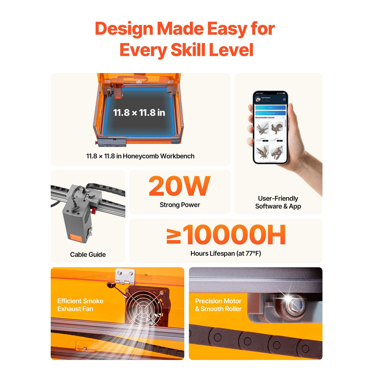 Laser Engraver, 20W, Laser Engraving and Cutting Machine with Enclosure, Laser Cutter Engraver Machine, 7000 mm/min, 11.8 x 11.8 in Working Area, for Wood, Leather, Glass, Certain Metal, Class 1