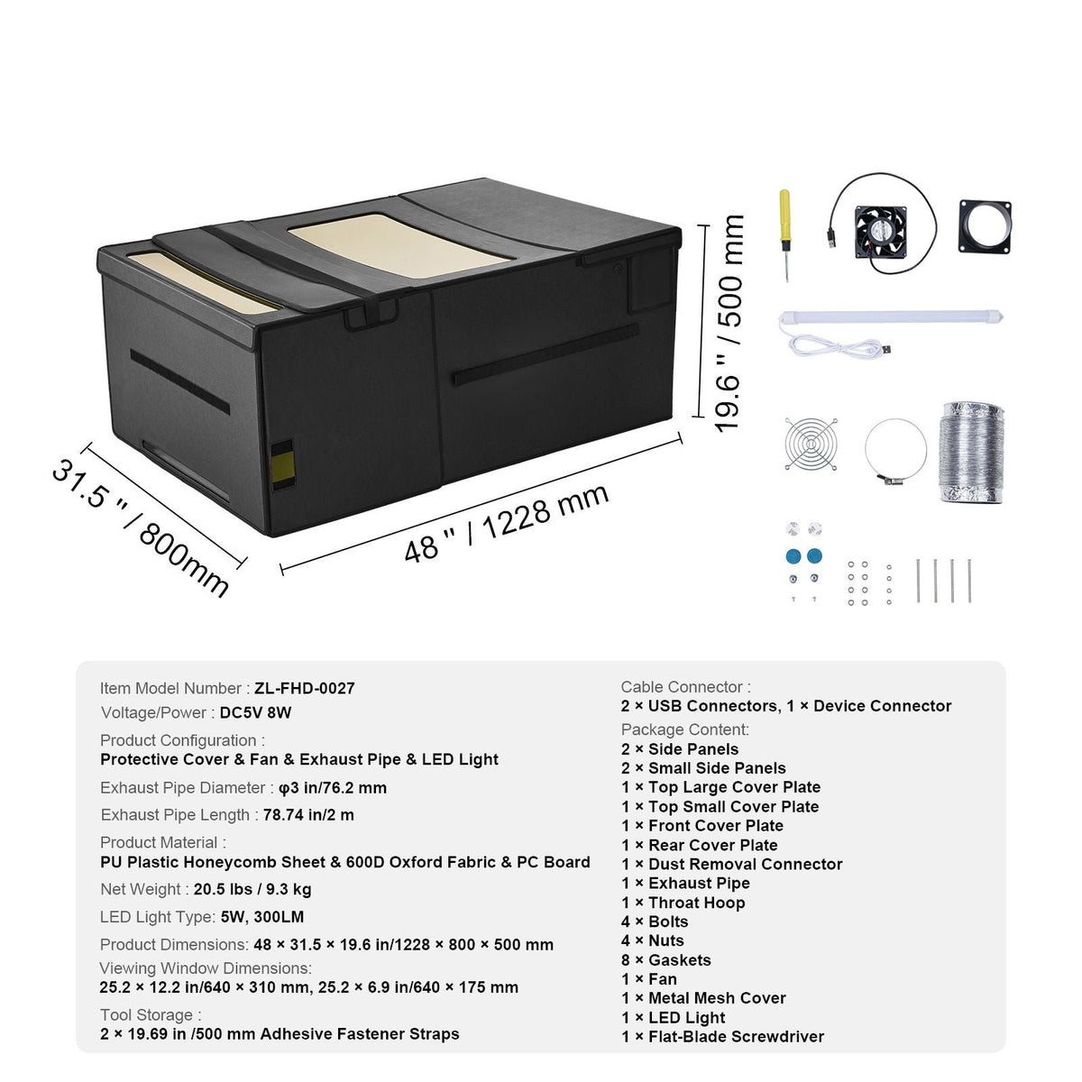 Laser Engraver Enclosure, 48 x 31.5 x 19.6", Dual-Direction Viewing, Flame Retardant and Fireproof Protective Cover, with Exhaust Fan and Pipe, Insulates Smoke, Noise and Eye Protection